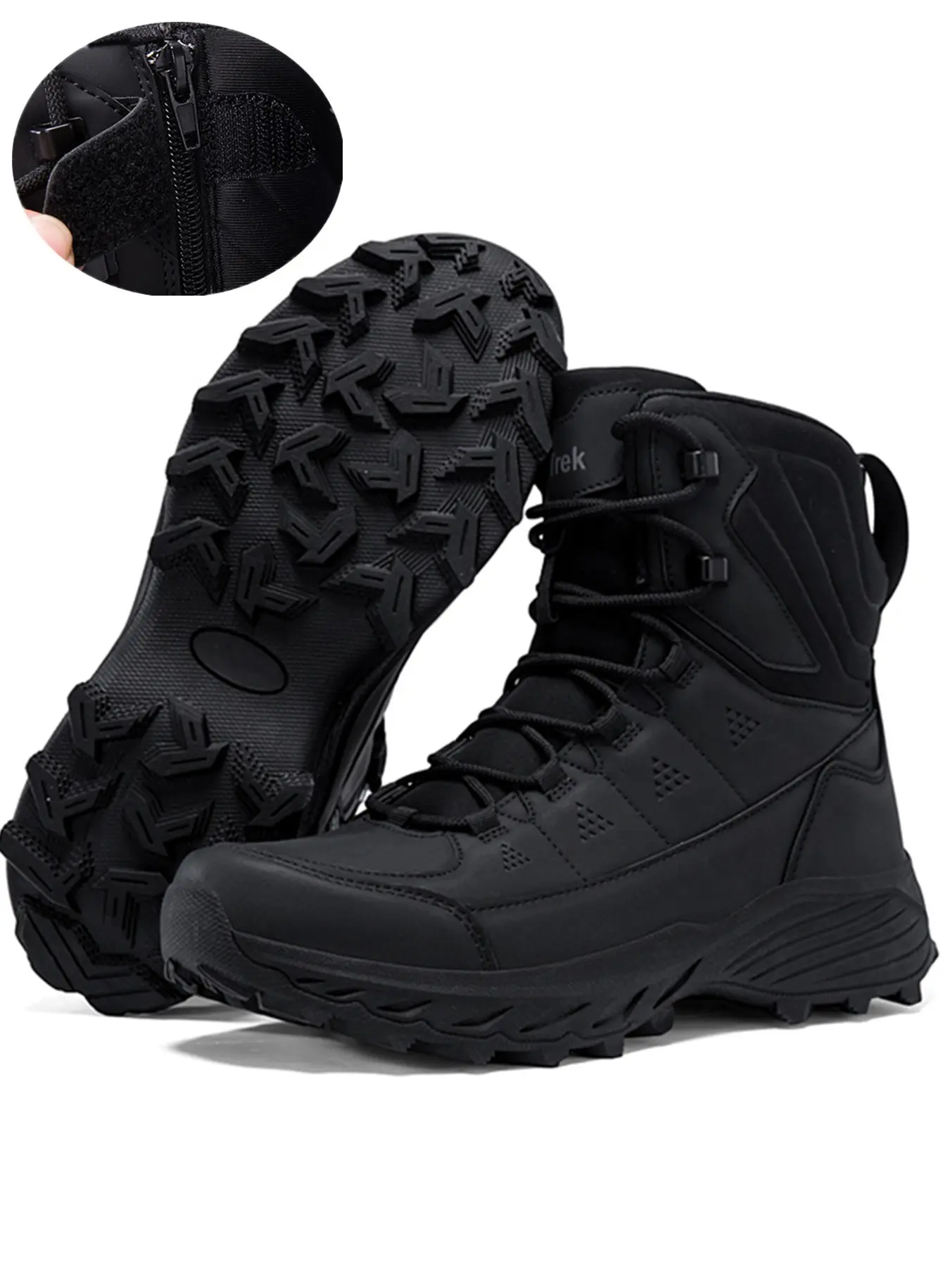 Men's High-Top Tactical Hiking Boots, Side Zipper Design, Anti-Slip Rubber Sole, Reinforced Toe, Outdoor Camping Climbing
