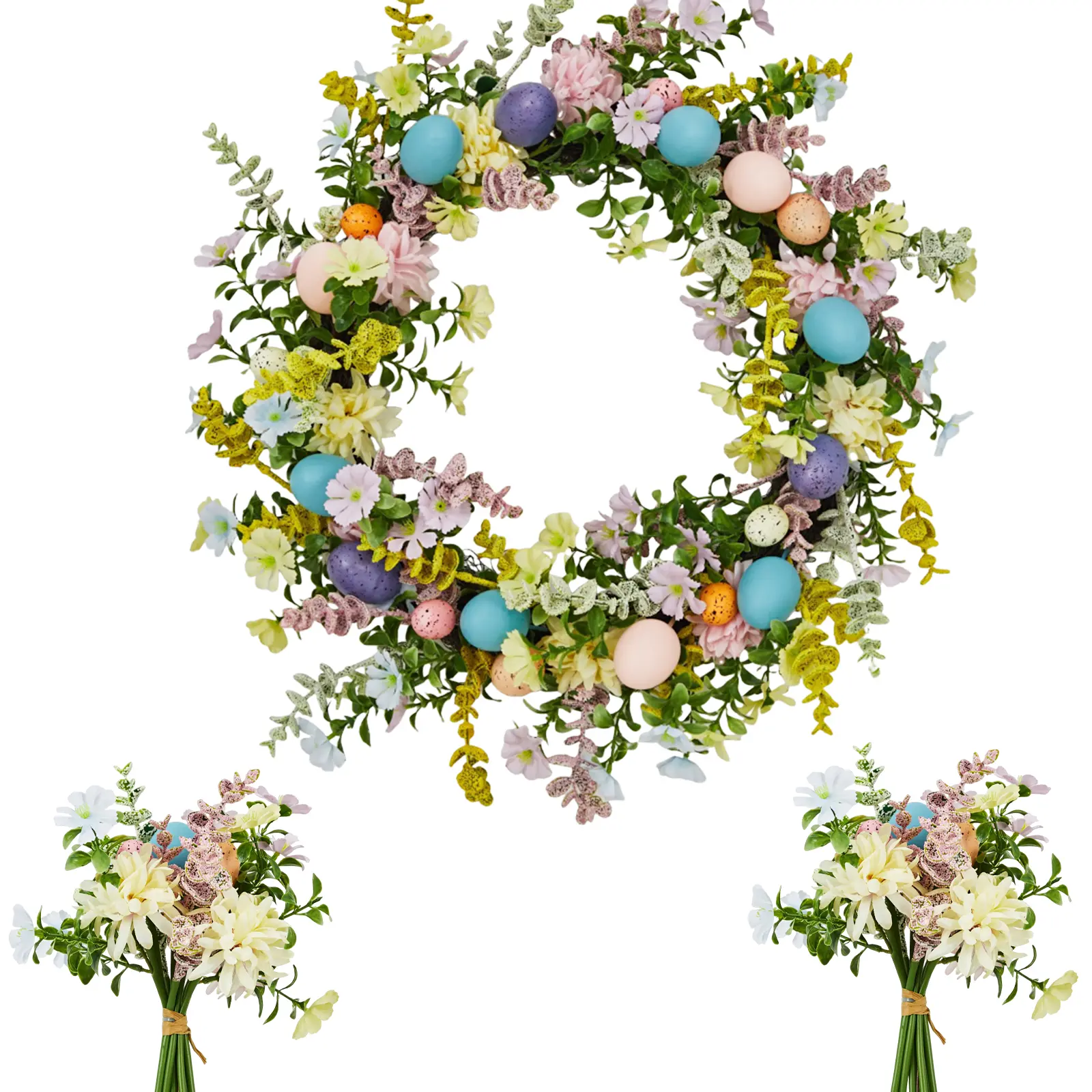 Easter Wreath for Front Door, Artificial Flower Wreath with 2 Matching Bouquets, Spring Wreath with Colorful Eggs