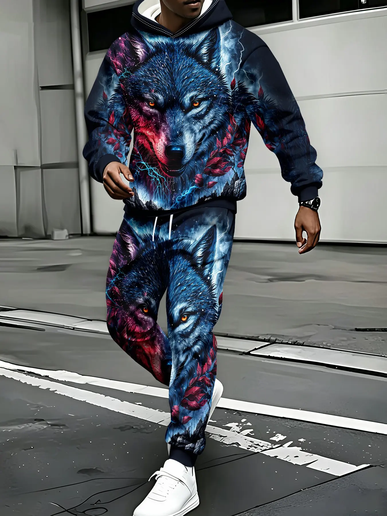 Men's two-piece set: cool digitally printed long-sleeve hoodie with Dark Night Wolf pattern + drawstring casual trousers. The flat digital print has no concave-convex texture, a versatile lazy-style daily casual outfit Sweatsuit Set Outfit