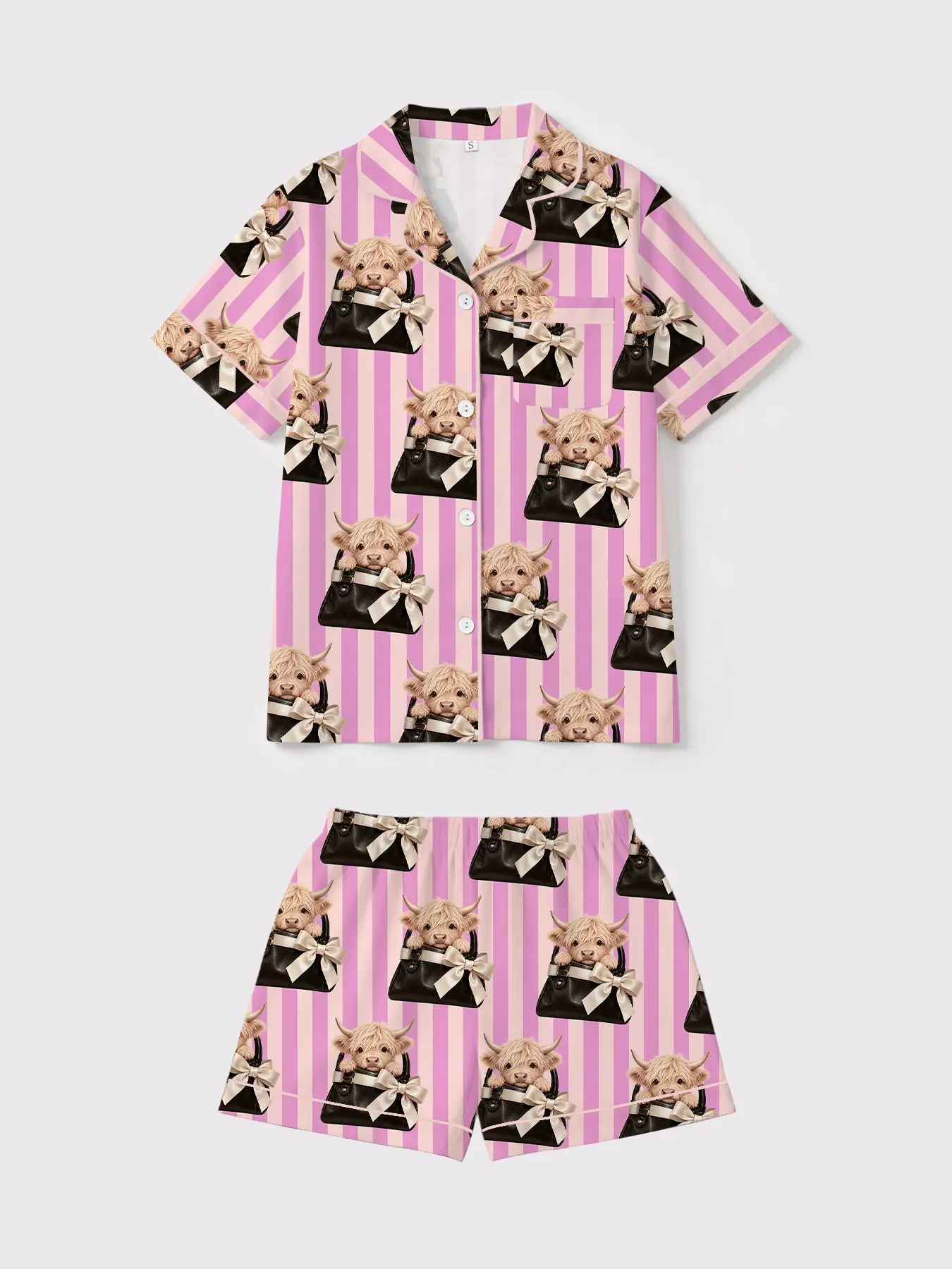 Women's Pajama Set, Soft Comfortable Sleepwear, Cow Print Lapel Design, Elastic Waist Pants, Casual Fashion Home Wear, Suitable for All Seasons