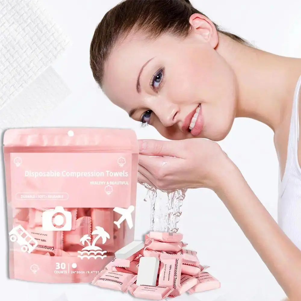 ICOTLE Compressed Towels Tablets Disposable Face Towels for Travel Camping Hiking 1 Pack 30 Count Size 9.4"x11.8" Disposable Facial Cleansing Towels #Summervibesi