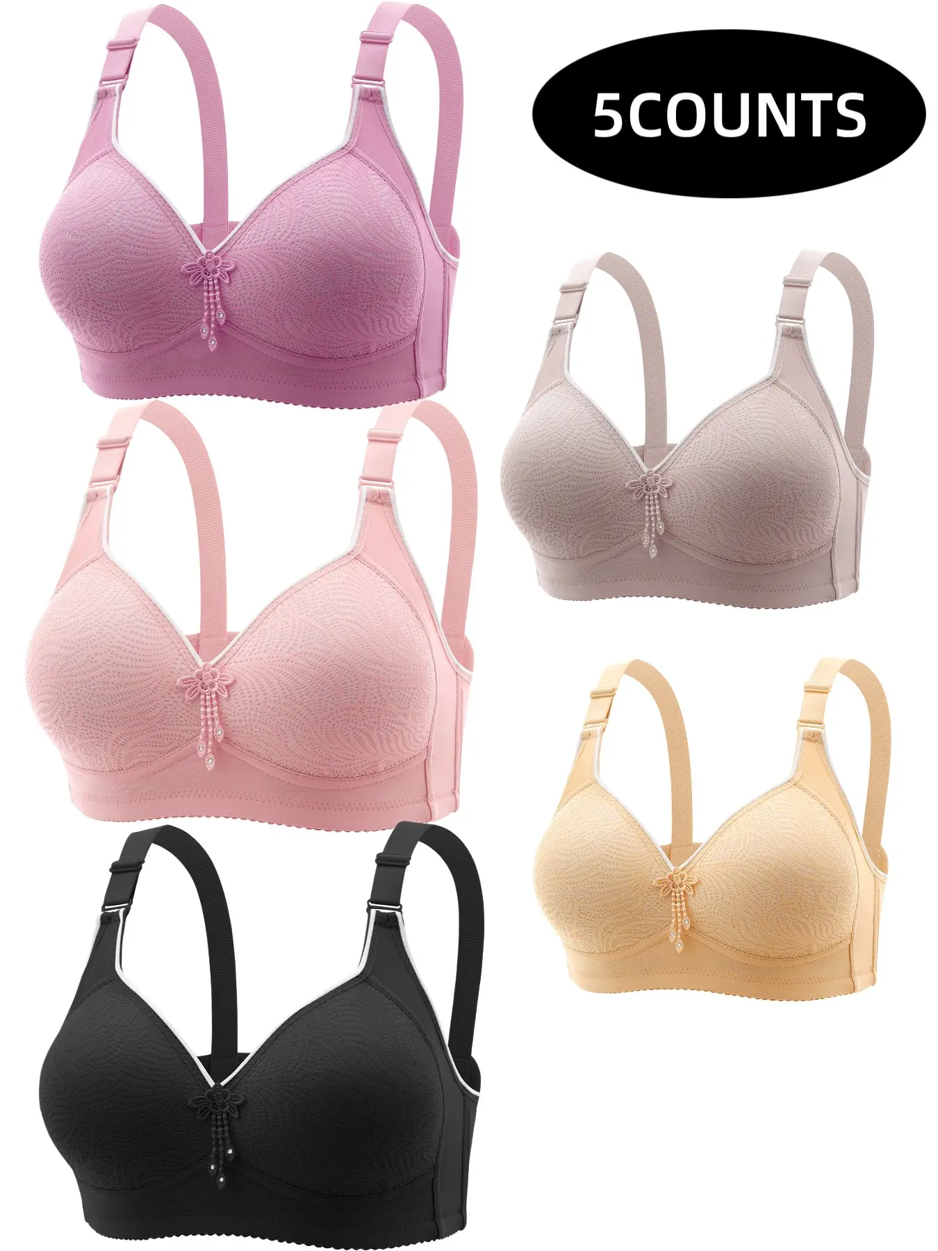 5-Pack Women's Lace Wireless Push-Up Bras, Seamless Comfort Fit, Daily Wear Underwire-Free Bra, Breathable Soft Fabric, Full Day Support
