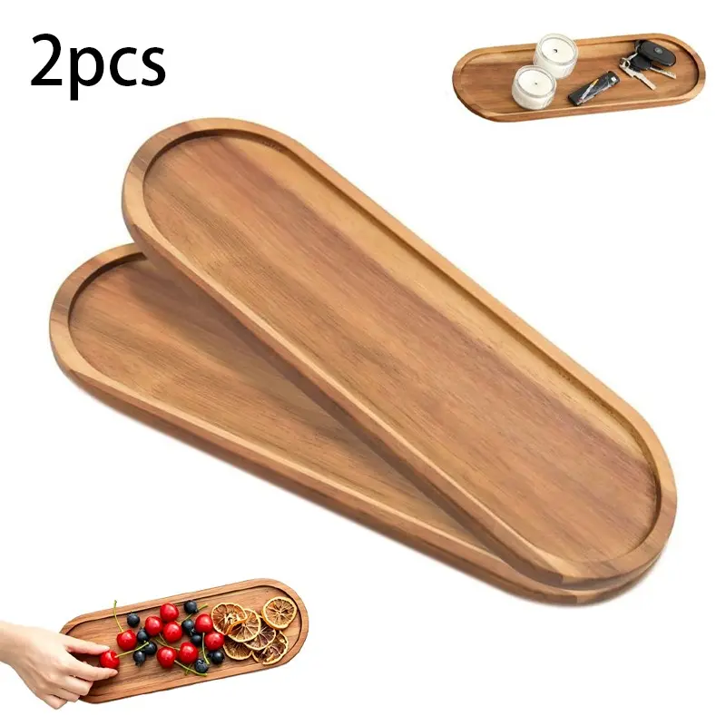 2 Pack Acacia Wood Serving Trays, Long Oval Wooden Decorative Platter, Non-Slip Raised Edge Snack Tray, Multi-Purpose Kitchen Tray