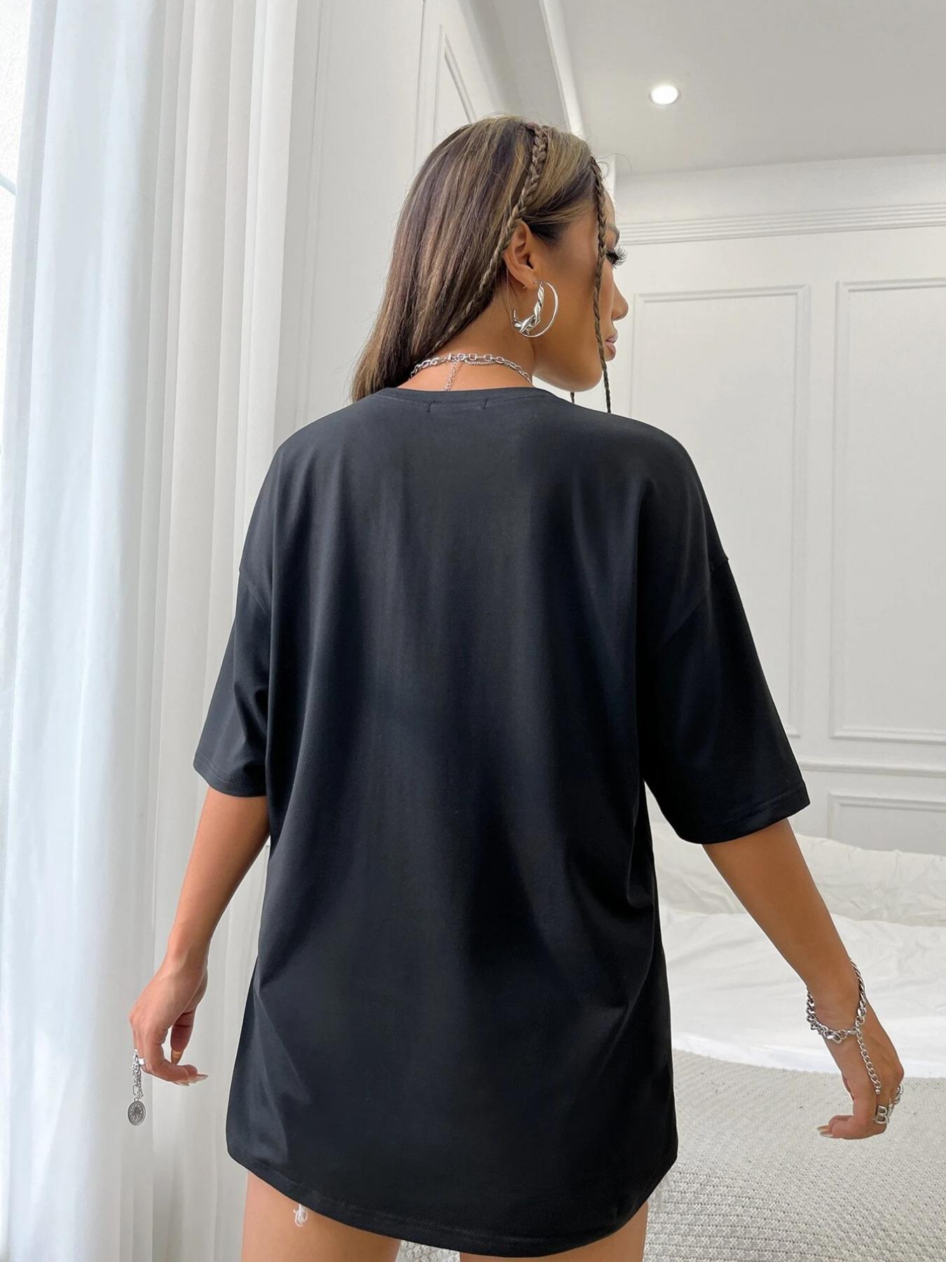 Women's Letter Print Drop Shoulder Jersey Tee, Summer Clothes Women, Back To School Outfits, Casual Street Half Sleeve Round Neck T-Shirt for Summer, Graphic Tees, T Shirts for Women, Women's Top for Daily Vacation Outdoor