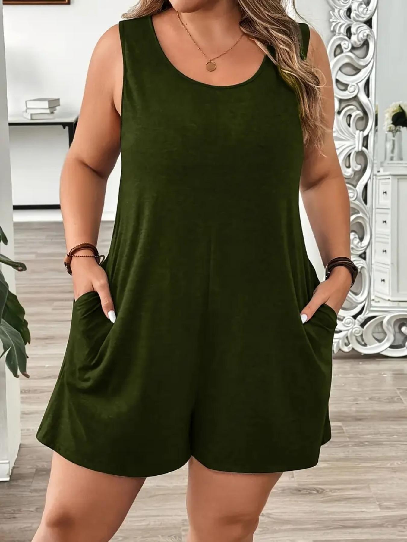 Plus Size Solid Color Sleeveless Fitted Romper, Elegant Casual Romper, Casual Comfy Romper for Summer, Women's Plus Clothing for Daily Wear, Basic, Casual Sleeveless Overalls, Womenswear