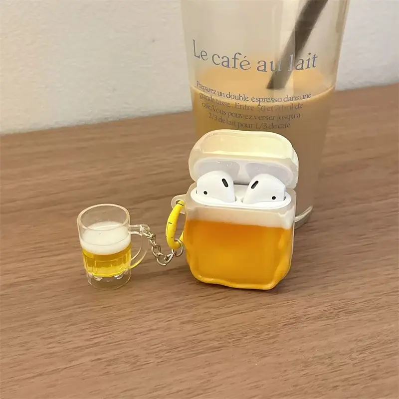 For Airpods Pro 3 4 2 1 Pro3 Pro2 Earphone Case Headphone Accessories 3D INS Creative Cute Beer Silicone Cartoon Headphone Box With Pendant Transparent Soft Cover