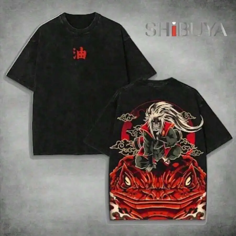 Unisex Jiraiya X Anime Classic Seamless Short-Sleeve Round Neck Apparel - Vintage Washed Double Printed Oversize Heavyweight Cotton T-Shirt Merch