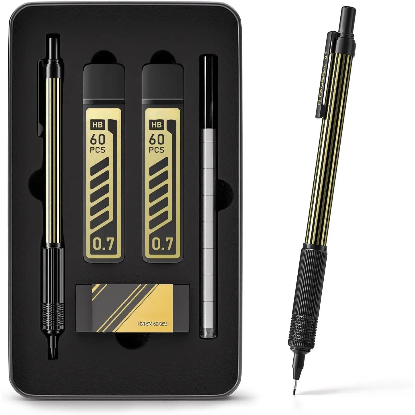 0.7mm Mechanical Pencil with Metal  Case, 1 count Metal Mechanical Pencil with 120 count HB Lead Refills,4B Erasers and 9 count Eraser Refills, for Writing Drafting Drawing and Sketching()