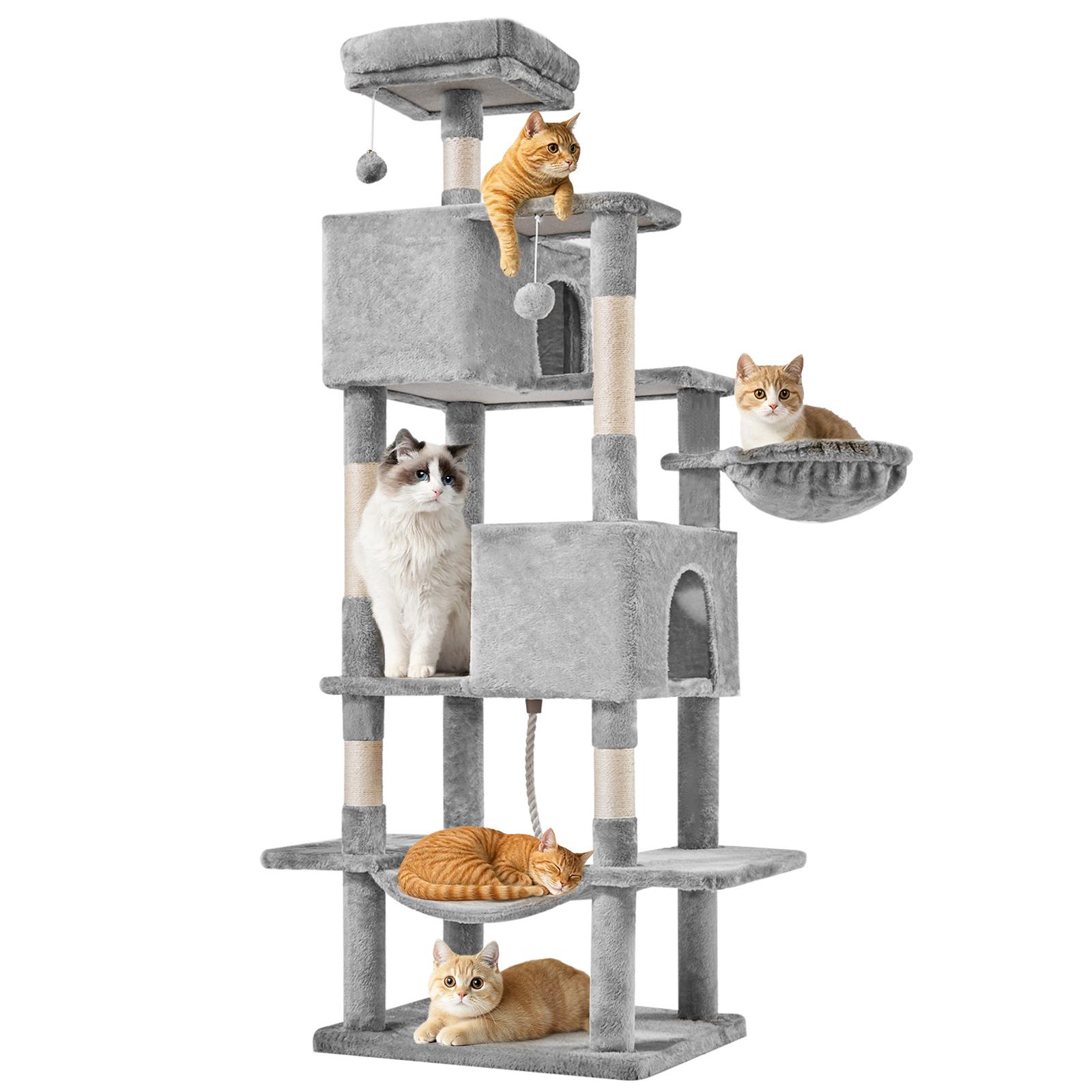 66 Inch Large Cat Tree Tower for Multiple Cats with 2 Condos 3 Perches Hammock Pompoms Extra Wide Platform Indoor Cat Activity Center