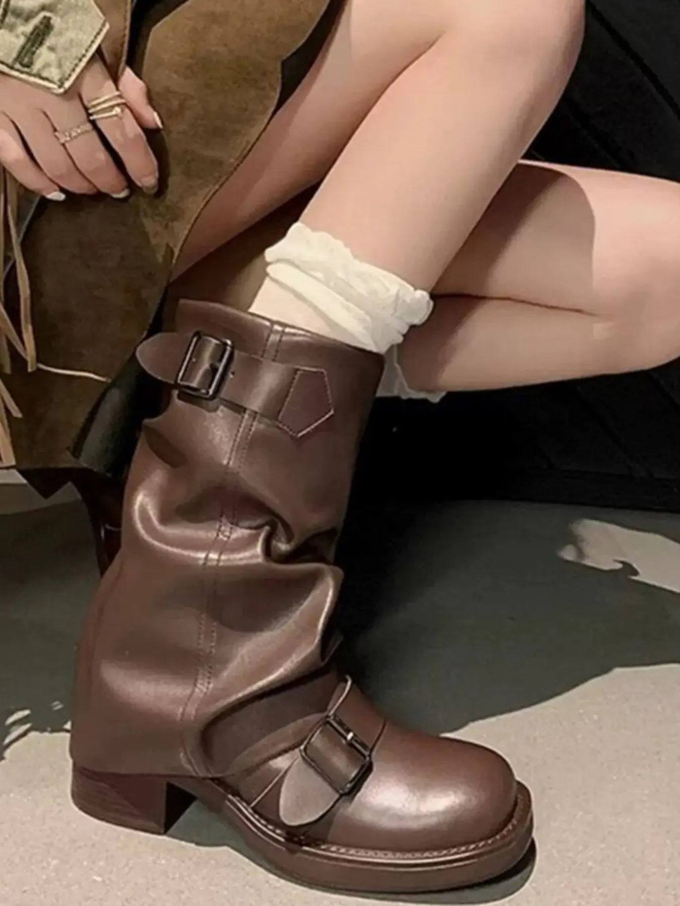 Women's Mid-Calf Boots, Round Toe PU Leather, Wide Fit, Casual Style, All Seasons, Solid Pattern, Rubber Sole, Western Fashion