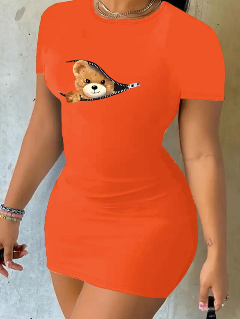 Women's Cartoon Bear Print Round Neck Bodycon Dress, Cute Casual Short Sleeve Dress for Daily Outdoor Wear, Ladies Clothes for All Seasons