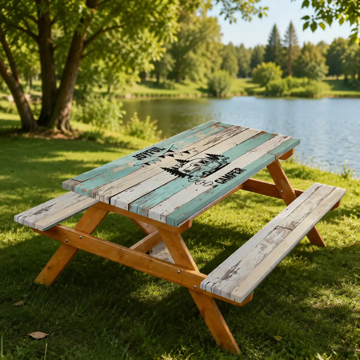 3-Pieces Picnic Table Bench Cover Set (1 Elastic Tablecloth + 2 Bench Covers), Waterproof Distressed Striped Wooden Print Table Protector for Park, Camping, Garden and Backyard Use