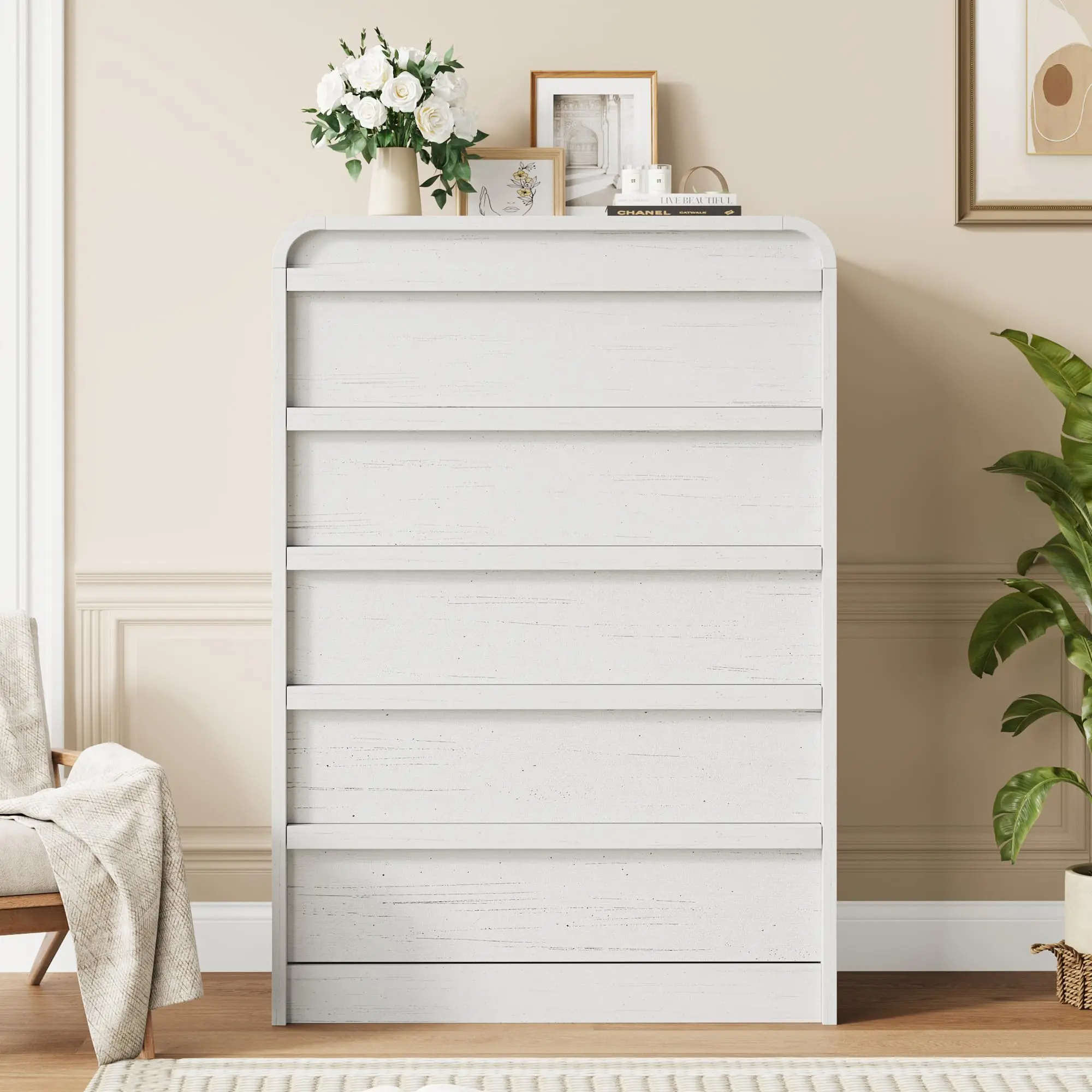Modern Curved 5-Drawer Wooden Storage Dresser with Golden Handles, Freestanding Tall Cabinet Organizer for Dining Room Bedroom Living Room