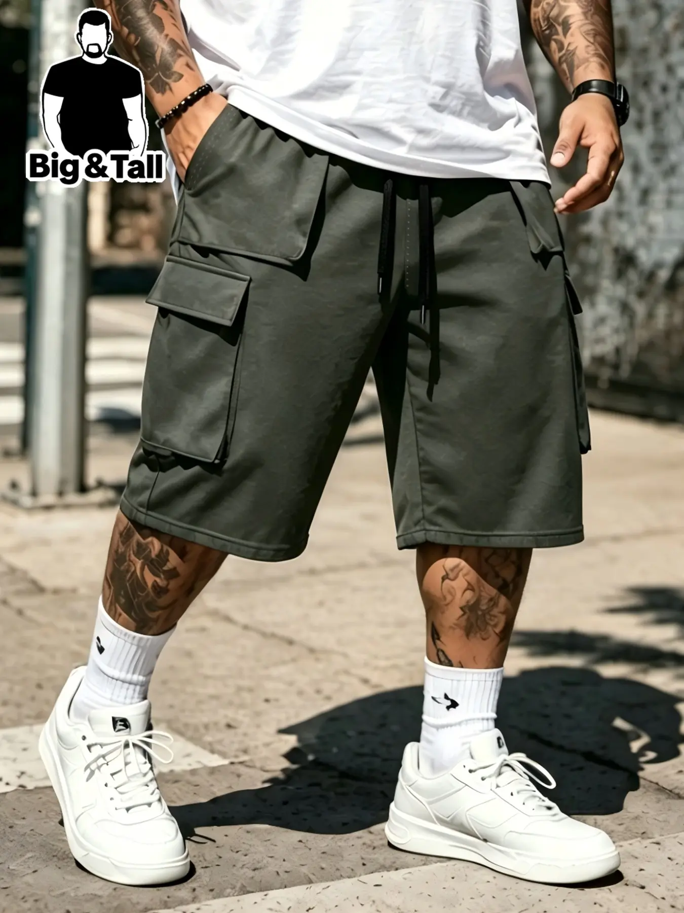 Plus Size Men's Elastic Drawstring Cargo Shorts, Comfortable Durable Large Pockets Outdoor Sports Shorts