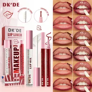 2In1 Waterproof Lip Liner & Shimmer Brightening Lip Oil Set Long Lasting Moisturizing Plump Glossy Hydrating Lip Gloss Brighten Lip Color Natural Nude Daily Lip Makeup for Beginners