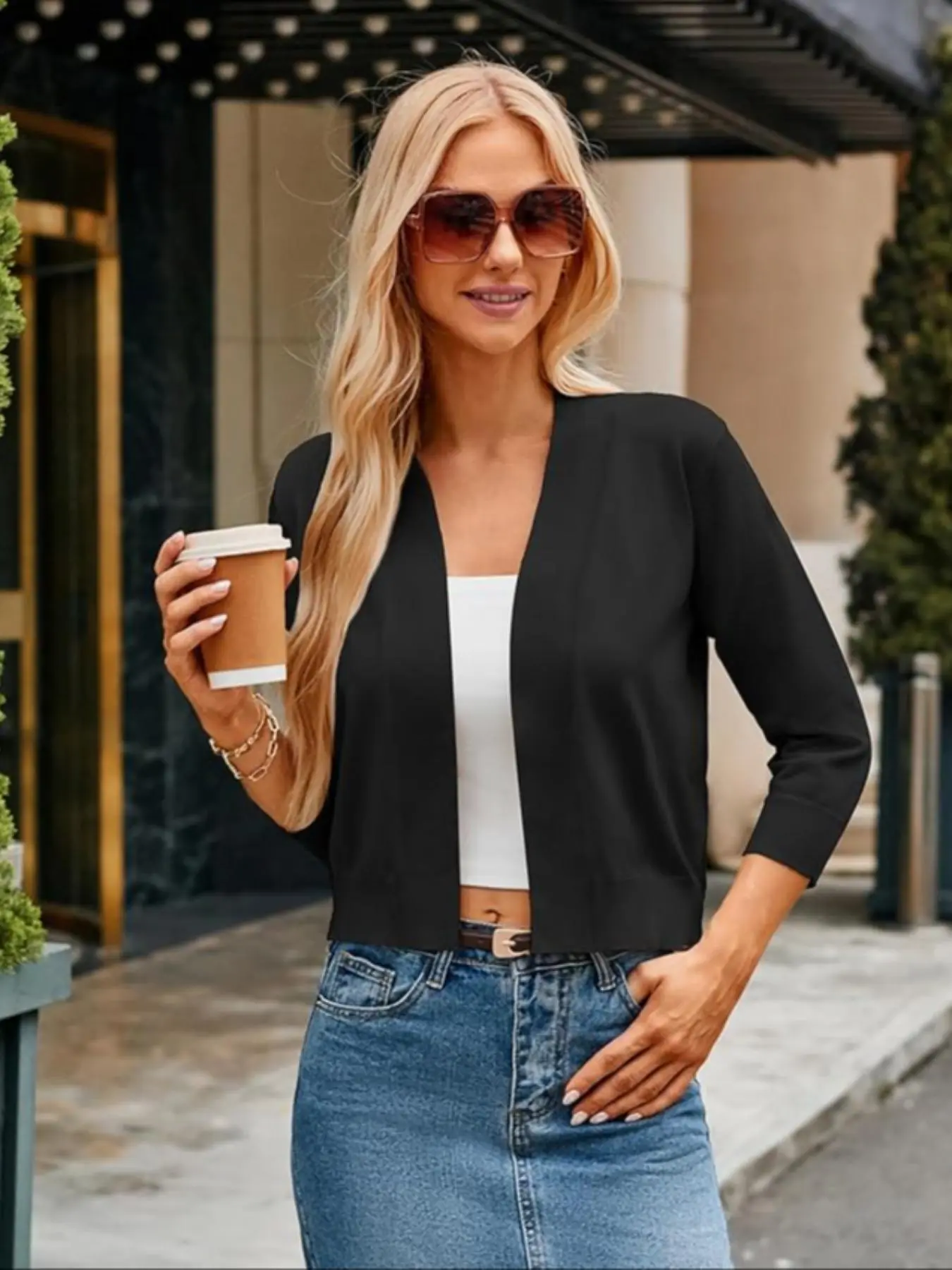 Simple Plain Open Front Short Knit Cardigan, Three-Quarter Sleeve Lightweight Sun Protection Outerwear, High Waist Versatile Shawl Coat for Women