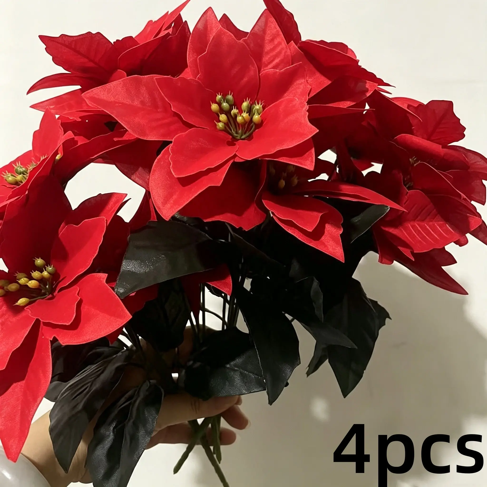 4 Piece Artificial Christmas Poinsettia Flowers, Realistic and Holiday Decorations, Durable Plastic Indoor Outdoor Use, Plastic Faux Flowers