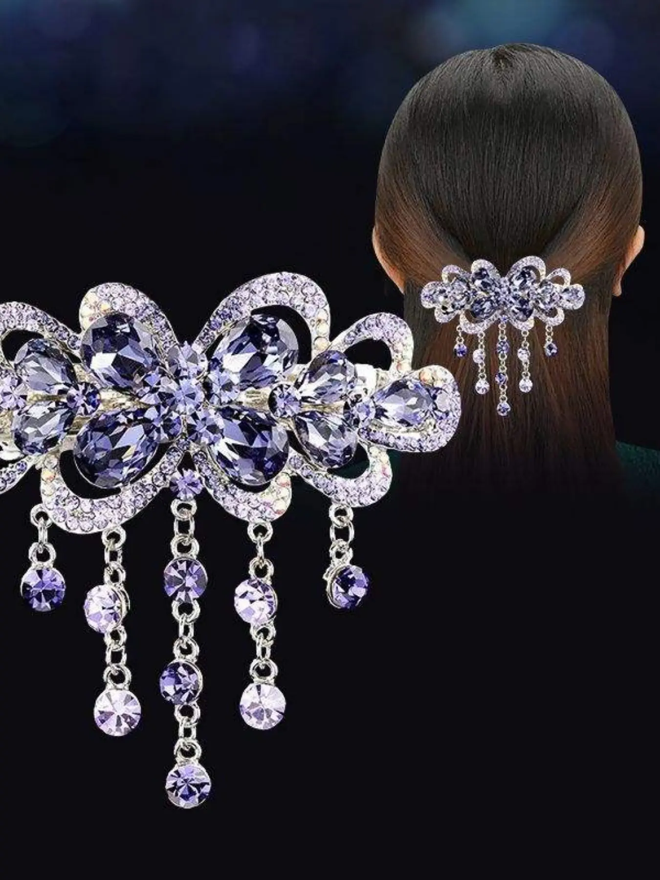 Elegant Hair Clip for Mothers, Large Rhinestone Spring Clip, Tassel Pendant, Adult Hair Bun Accessory, Back of Head Styling