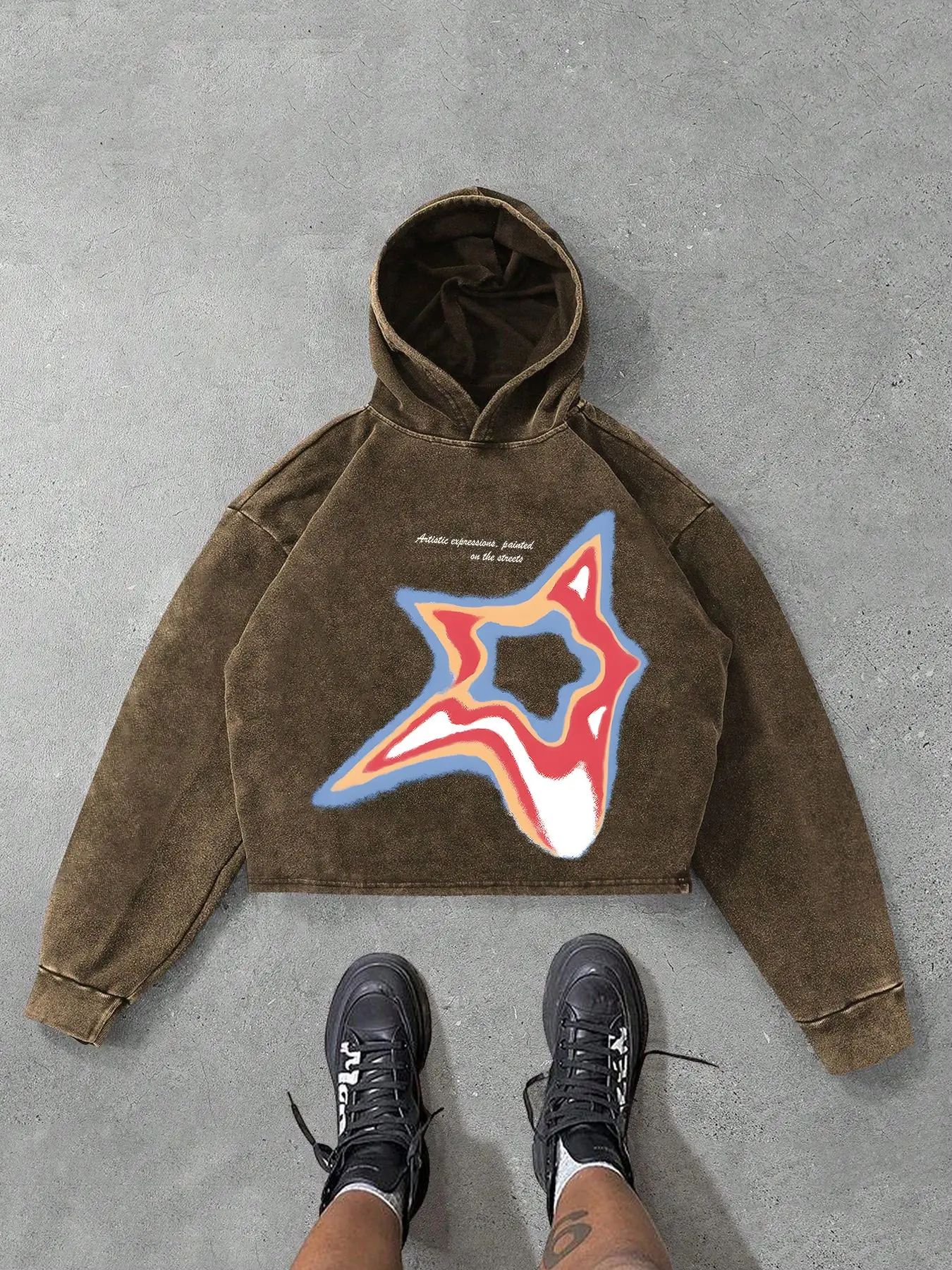 Men's Vintage Washed Gray Abstract Star Graphic Hoodie, Cropped Long Sleeve Pullover Sweatshirt, Casual Streetwear Top, Hoodie Tops for Fall and Winter