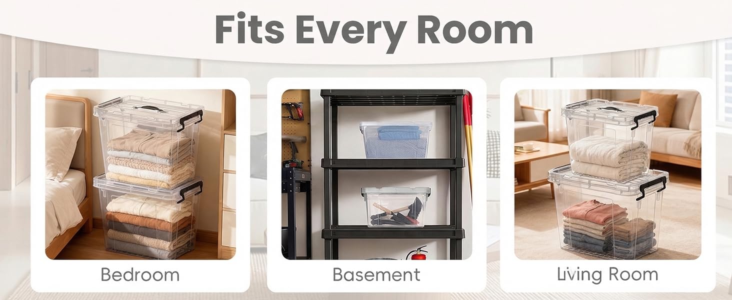 4/6-Pack 10/25 Qt Clear Storage Bins with Lids – Stackable Plastic Organizer for Home, Office & Garage – Heavy-Duty BPA-Free See-Through Containers with Secure Latches & Handles