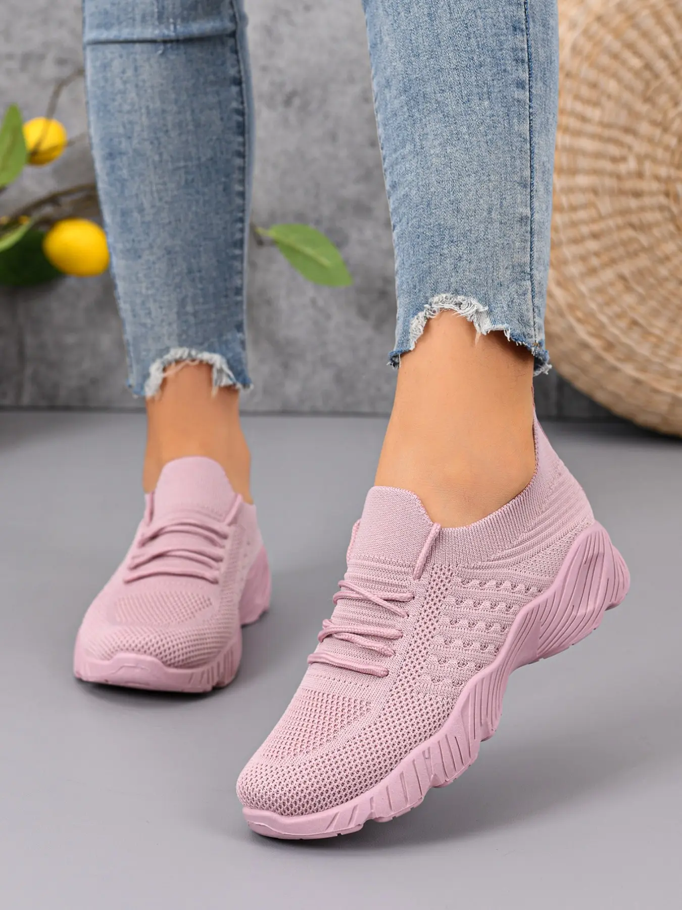 Women Integrated Knit Sock Platform Walking Sneakers, Lace Up Low Top Hollow Knit Athletic Running Trainers, Non Slip Wavy Thick Sole Fashion Daily Footwear for Campus Shopping Travel Street Casual Outdoor Errands, Knitted Running Shoes