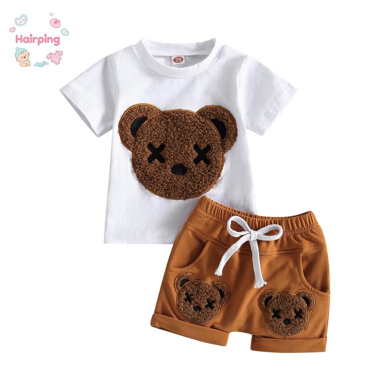 Baby Boys Summer 2-piece Outfits, Cartoon Bear Pattern Short Sleeve T-shirt and Casual Elastic Shorts Set, Casual Baby Boys Outfits