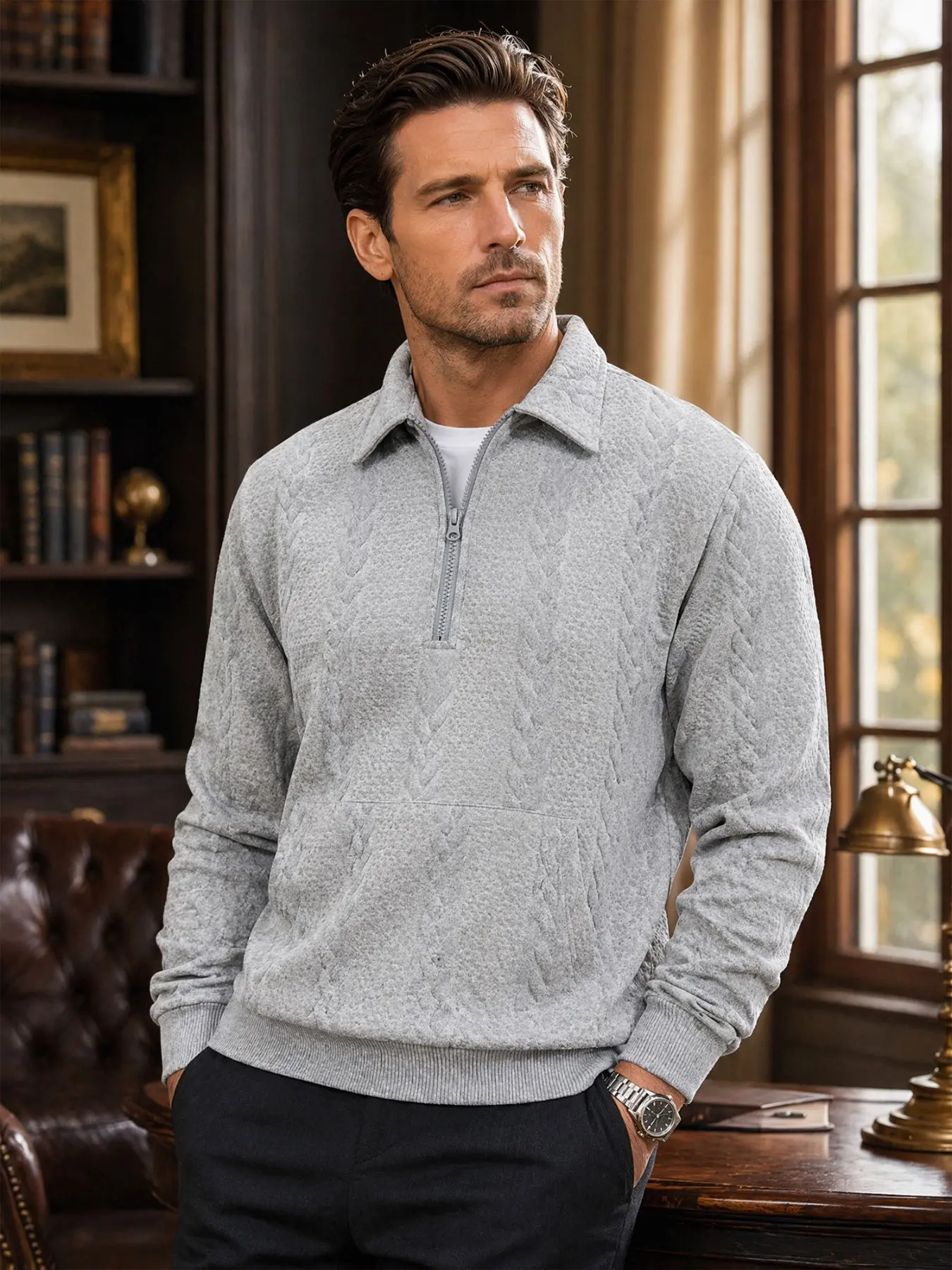 Men's Quilted Knit Sweatshirt Dressy Casual Long Sleeve Quarter Botton Fall Pullover Sweaters Zip Golf Pullover Lightweight  Mens Sweatshirt Tops