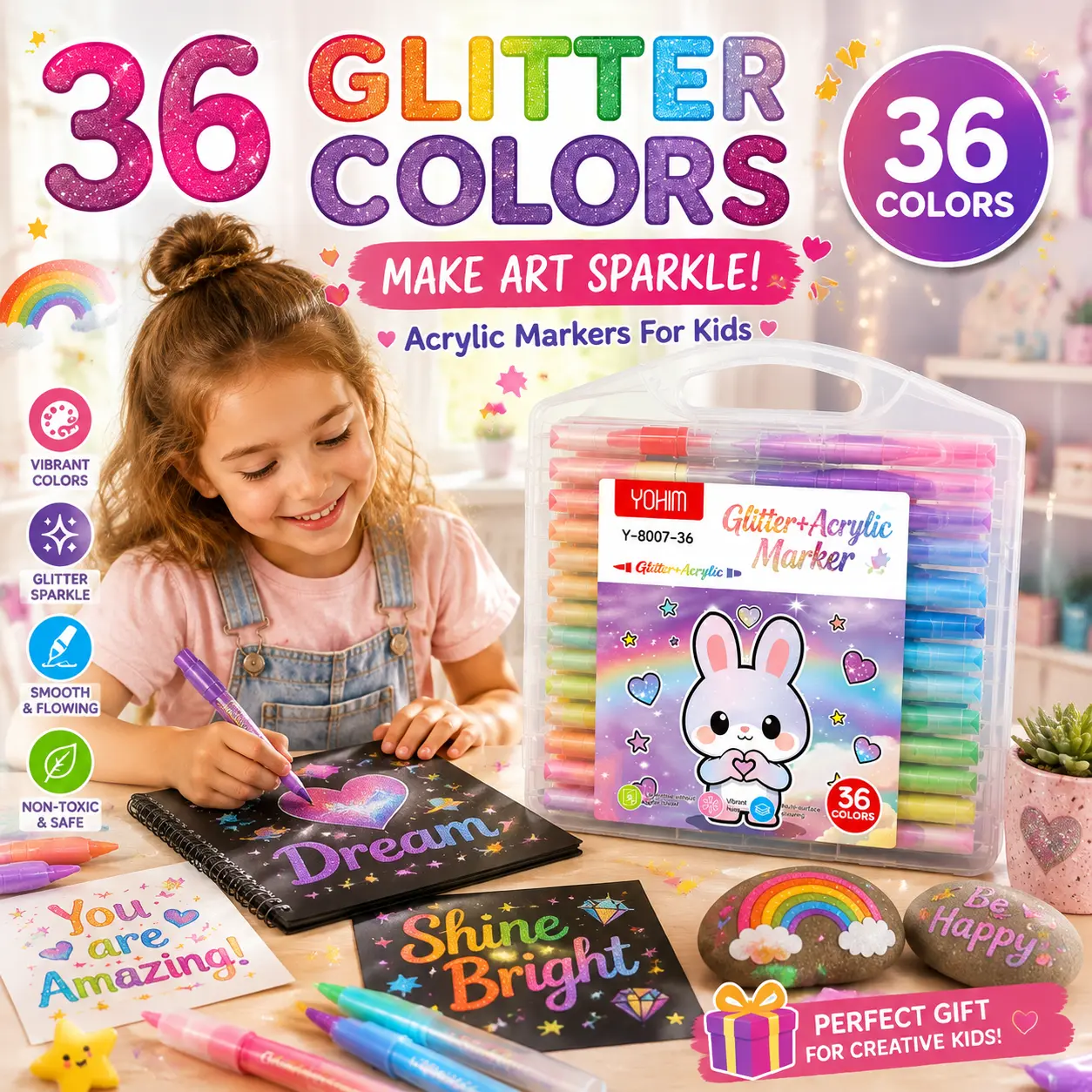 Glitter Acrylic Paint Markers Set, Sparkle Paint Pens for Kids DIY Crafts, Art Supplies for Drawing, Rock Painting, Wood, Glass & Paper