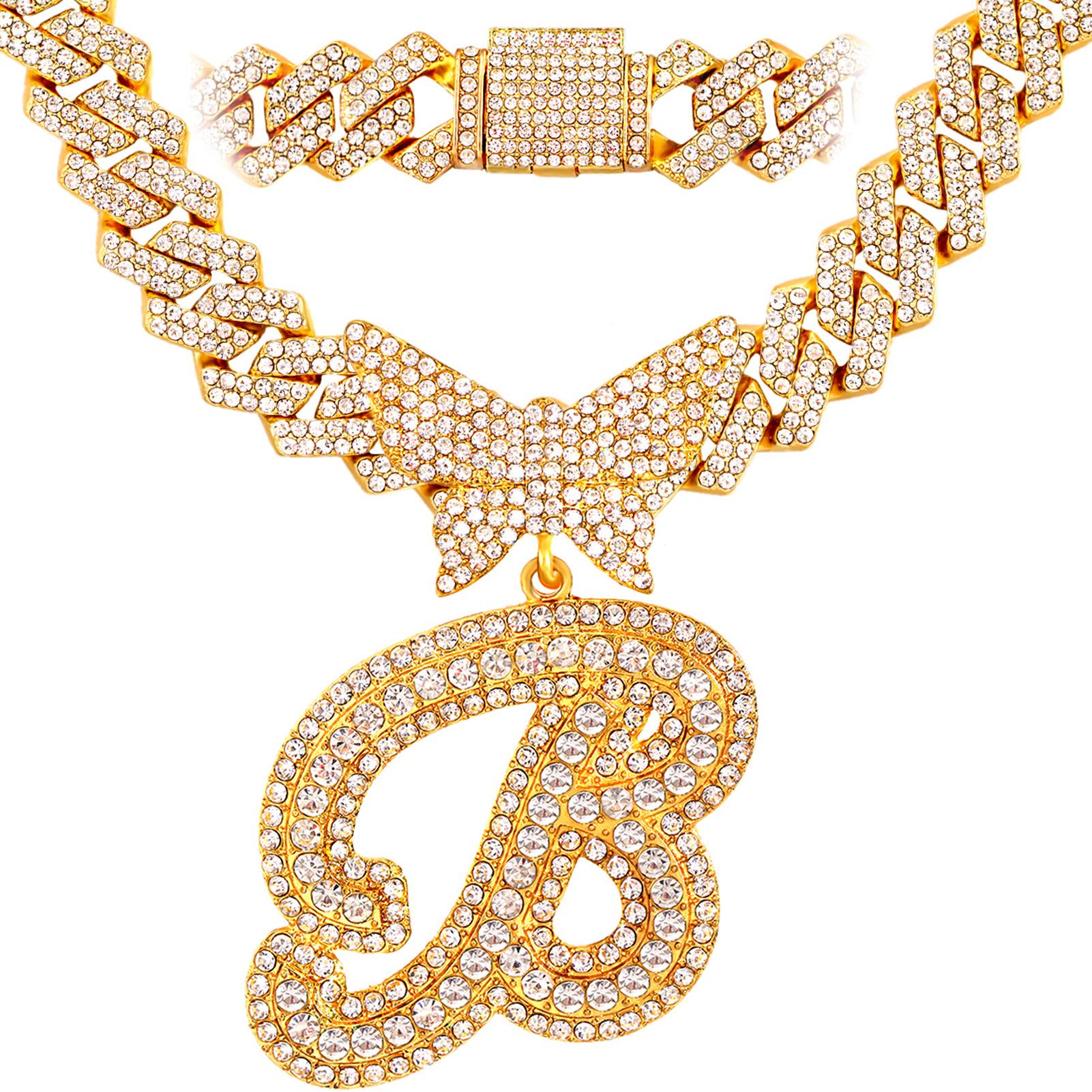 Iced Out Bling Butterfly Letter Pendant Necklace For Women AAA Rhinestone Paved Prong Cuban Chain Initial Necklaces Punk Jewelry