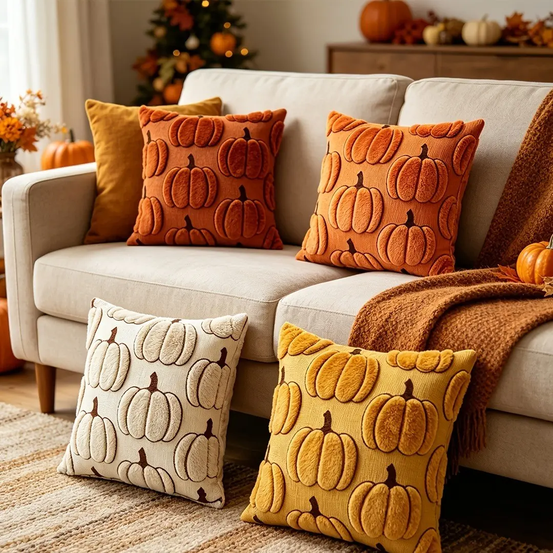 2-Pack Pumpkin Decorative Pillow Covers, Fall Plush Quilted Sofa Cushion Cases, Sofa Cushion Decorations, Zip Closure, Halloween Thanksgiving Christmas Decor