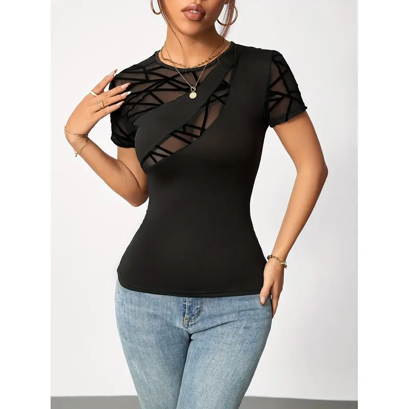 Black Mesh Panel Slim Fit Short Sleeve T-Shirt