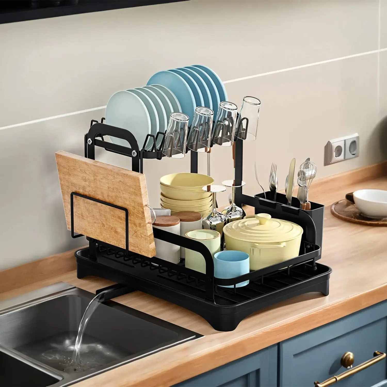 2-Tier Expandable Dish Drying Rack, Metal Kitchen Dish Rack and Drainboard Set with Knife Fork Holder & Cutting Board Organizer for Countertop