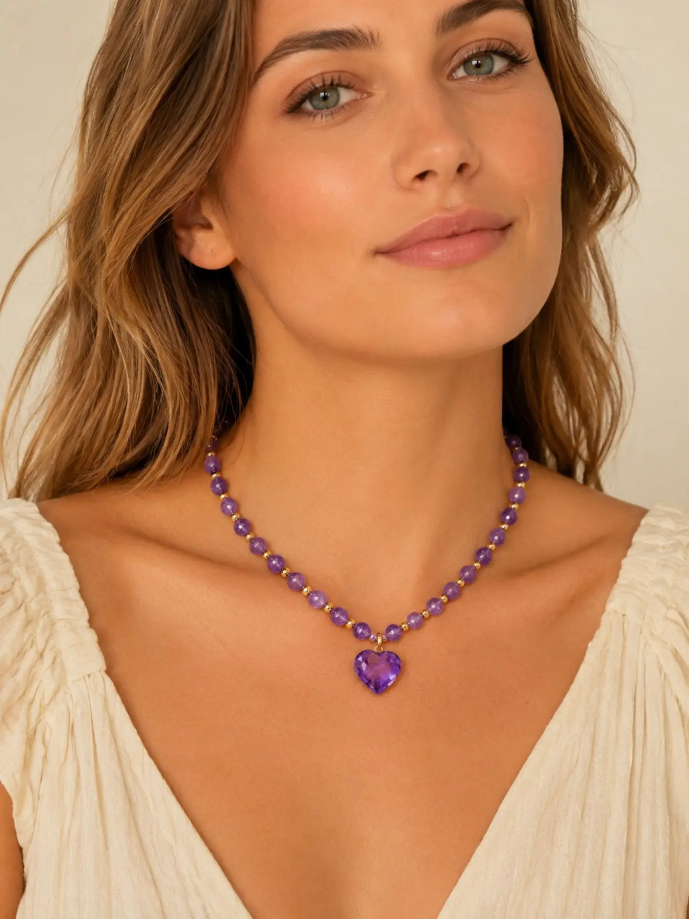 Natural Amethyst Heart Pendant Necklace, Vintage Bead Choker, Adjustable Sweet Fashion Jewelry for Women