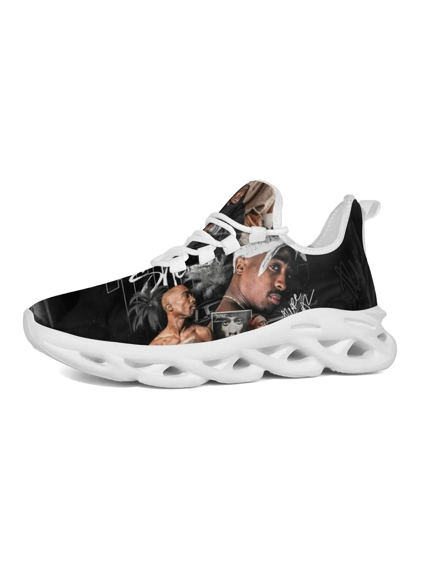 Rapper Tupac Black And White Portrait Art Print Running Sneakers Man Woman Hollow Out Shock Absorbing Sole Breathable Mesh Lace Up Shoes Hip Hop Street Style Casual Walking Footwear 2Pac