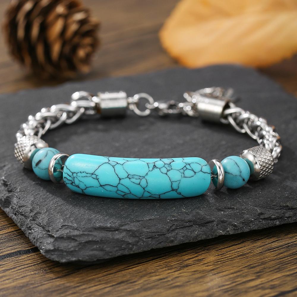New Vintage Boho Turquoise Bracelet for Women, Natural Healing Crystal Stone with Stainless Steel & Titanium Steel Chain Mixed Bracelet, Waterproof Non-Tarnish Stackable Jewelry, Western Bohemian Style Wristband for Daily Wear, Party, Vacation, Perfect Gi