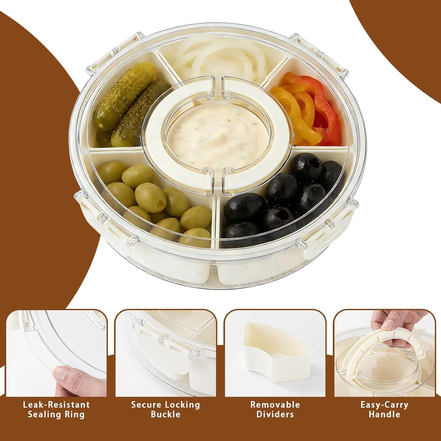 1pc-6 Compartment Pet Round Rotatable Container, Transparent Snack Box with Lid and Handle, Ideal for Fruits, Candies, Nuts, Travel and Daily Use