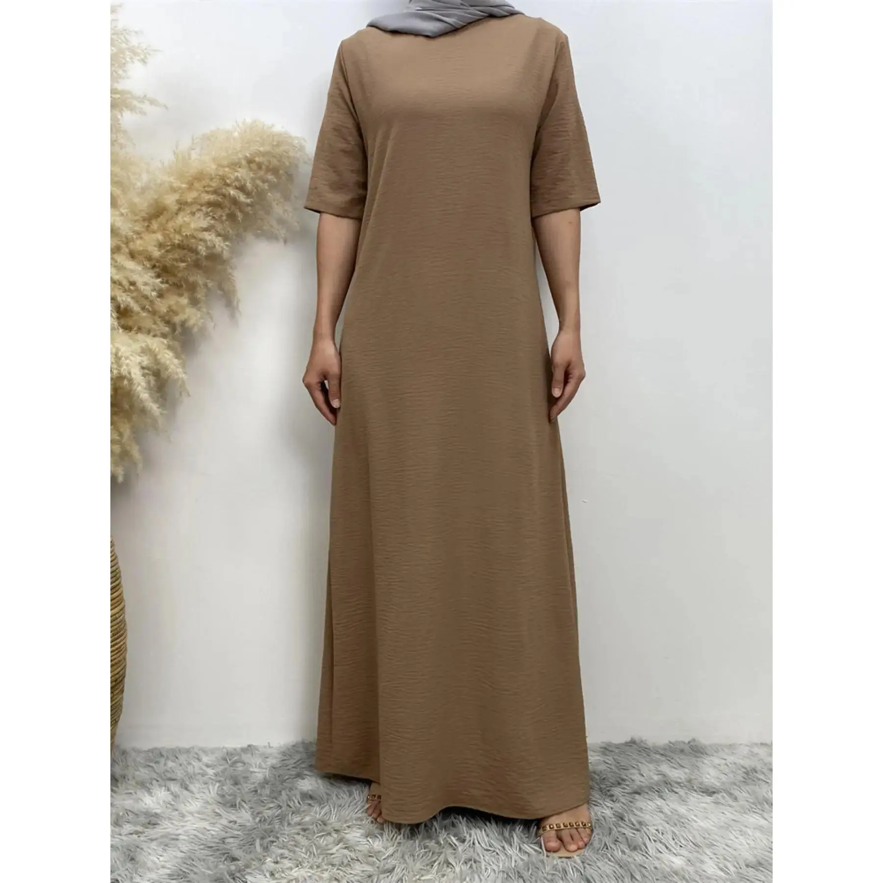 Women's Modest Solid Color Round Neck Long Dress, Casual Half Sleeve Long Dress for Summer, Women's Islamic Clothing for Daily Wear, Muslim Dress, Modest Style Dress, Modest Muslim Outfits