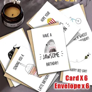 6-Piece Humorous Birthday Card Set with Envelopes, Watercolor Illustrations, Blank Notecards, 2.0 X 3.0 Inches, Paper Decor