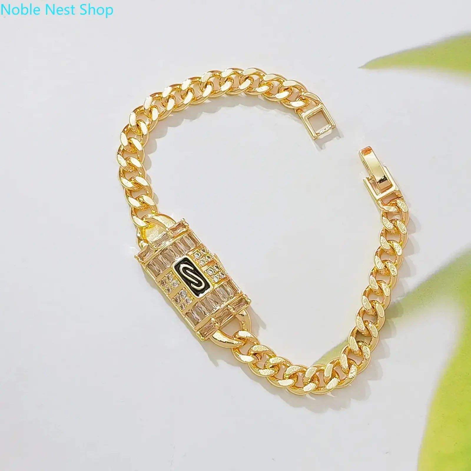 Women 14K Gold Plated Initial S Cuban Link Bracelet, Baguette CZ Crystal Rectangle Lock Charm, Trendy Hip Hop Personalized Wrist Jewelry for Daily Street Wear & Custom Fashion Gifts