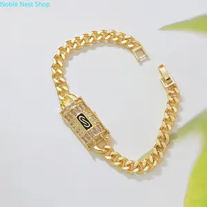Women 14K Gold Plated Initial S Cuban Link Bracelet, Baguette CZ Crystal Rectangle Lock Charm, Trendy Hip Hop Personalized Wrist Jewelry for Daily Street Wear & Custom Fashion Gifts
