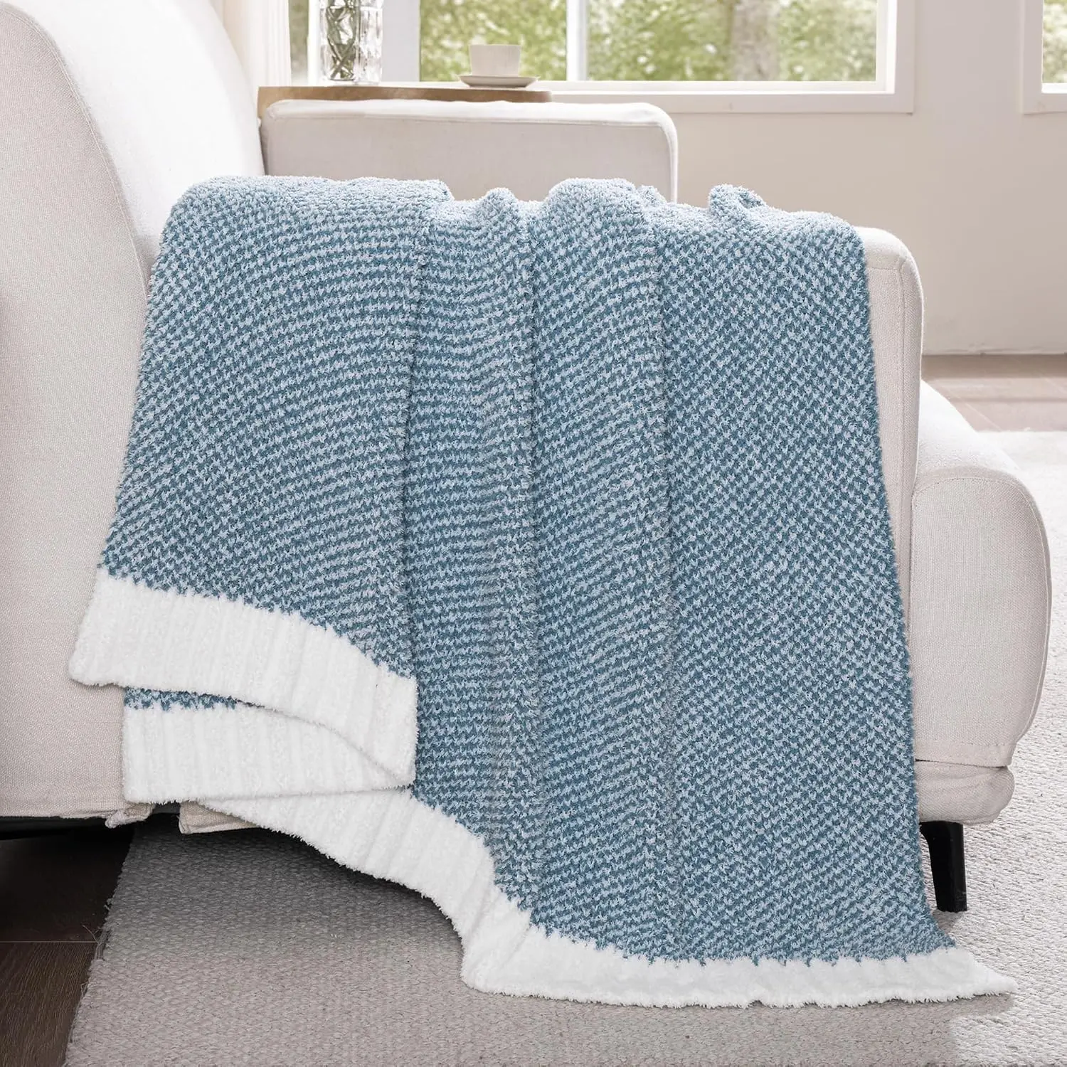 Knit Throw Blanket, Ultra Soft and Warm Reversible Woven Blankets, Cozy Snuggly Throw for Couch Bed and  Decor, Heather Blue, 50"x60"