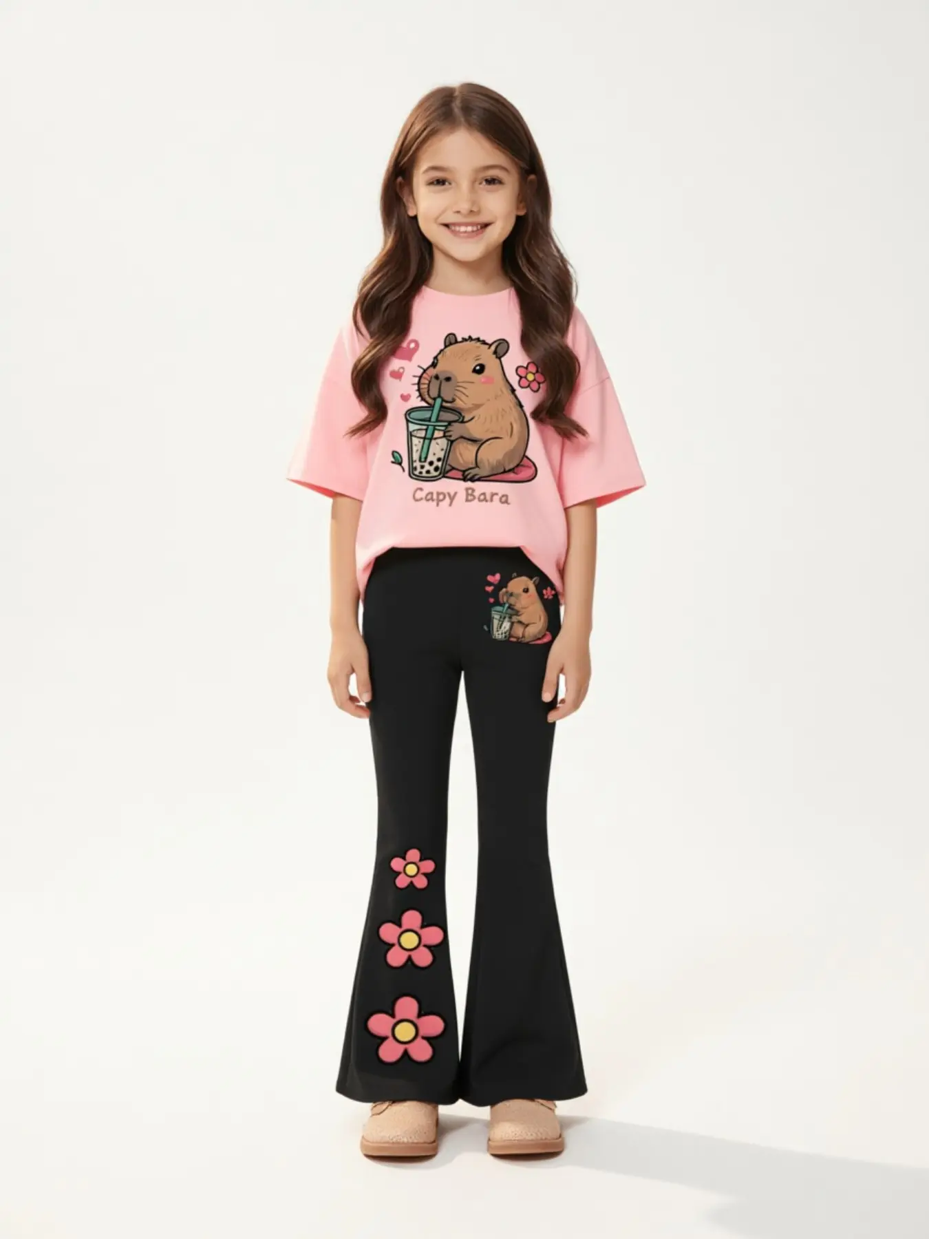 Girls two-piece set, Graphic print set, tee pants set, T-shirt and flared pants with capybara drinking milk tea heart flower pattern letter print, short-sleeve, long pants, stretchy soft fabric, cute cartoon prints, Matching outfit set