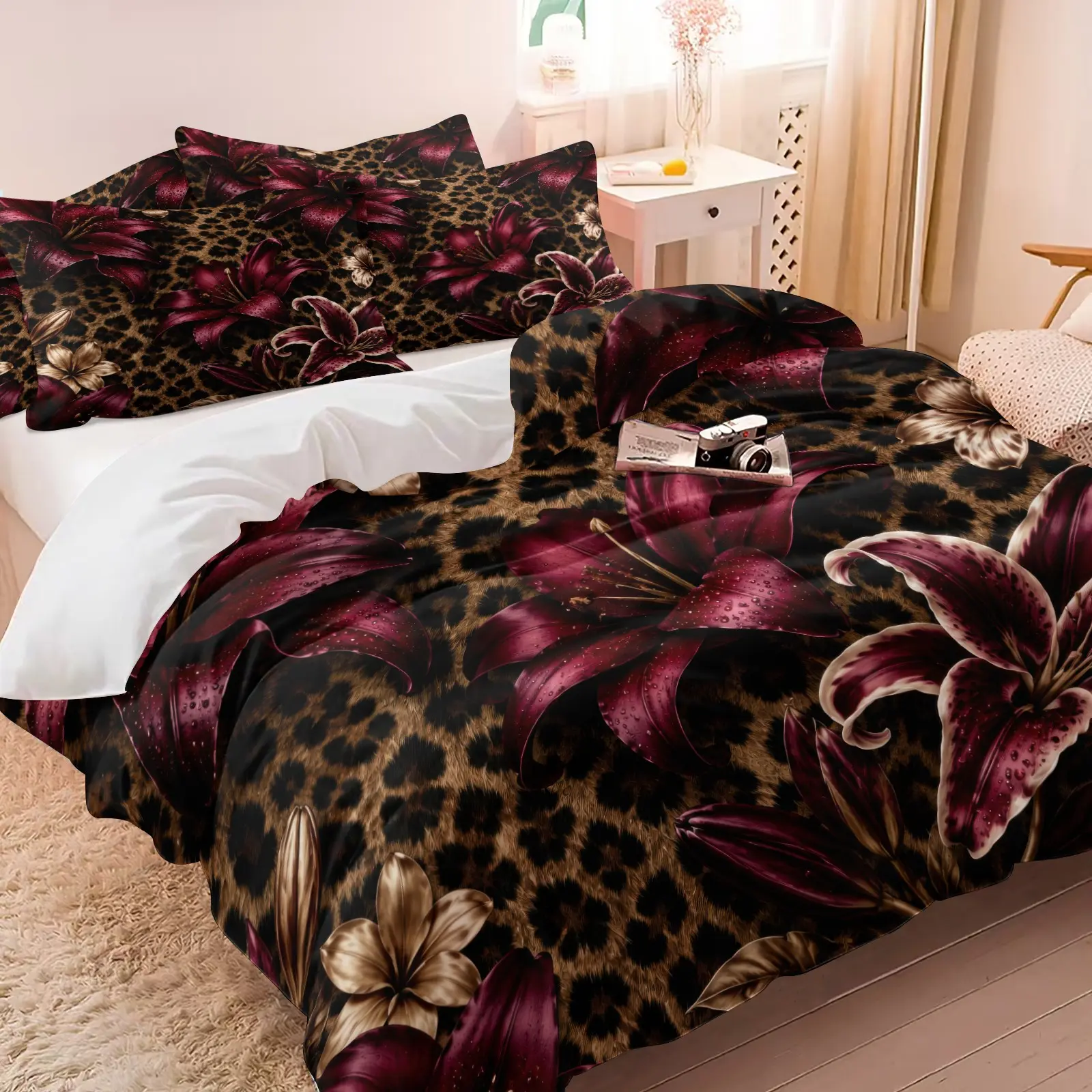 3PCS Leopard Print Burgundy Lily Duvet Cover Set (1 Duvet Cover + 1-2 Pillowcases), Brown Leopard Dark Red Floral HD Digital Print, Soft Cozy Skin-Friendly All Seasons Bedding, Perfect for Dark Glam Bedroom Decor