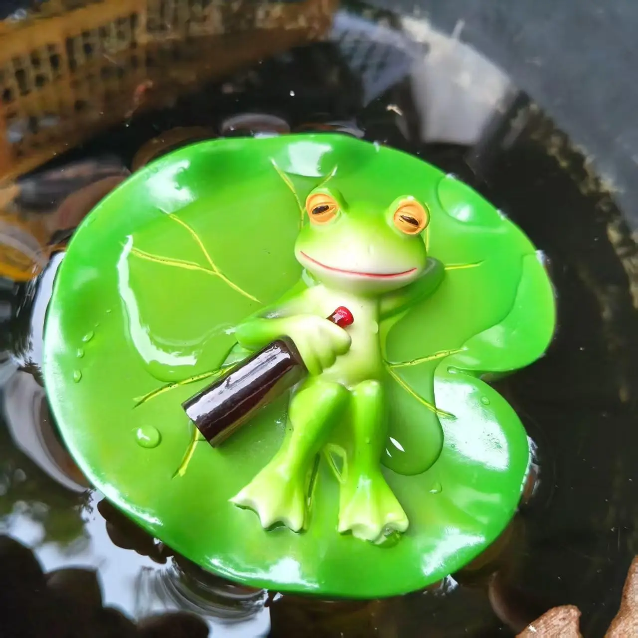 Cute Frog Lotus Leaf  Statue Paired with  Bottle - Bright Green Outdoor Garden Decoration. Frog Garden Decoration.