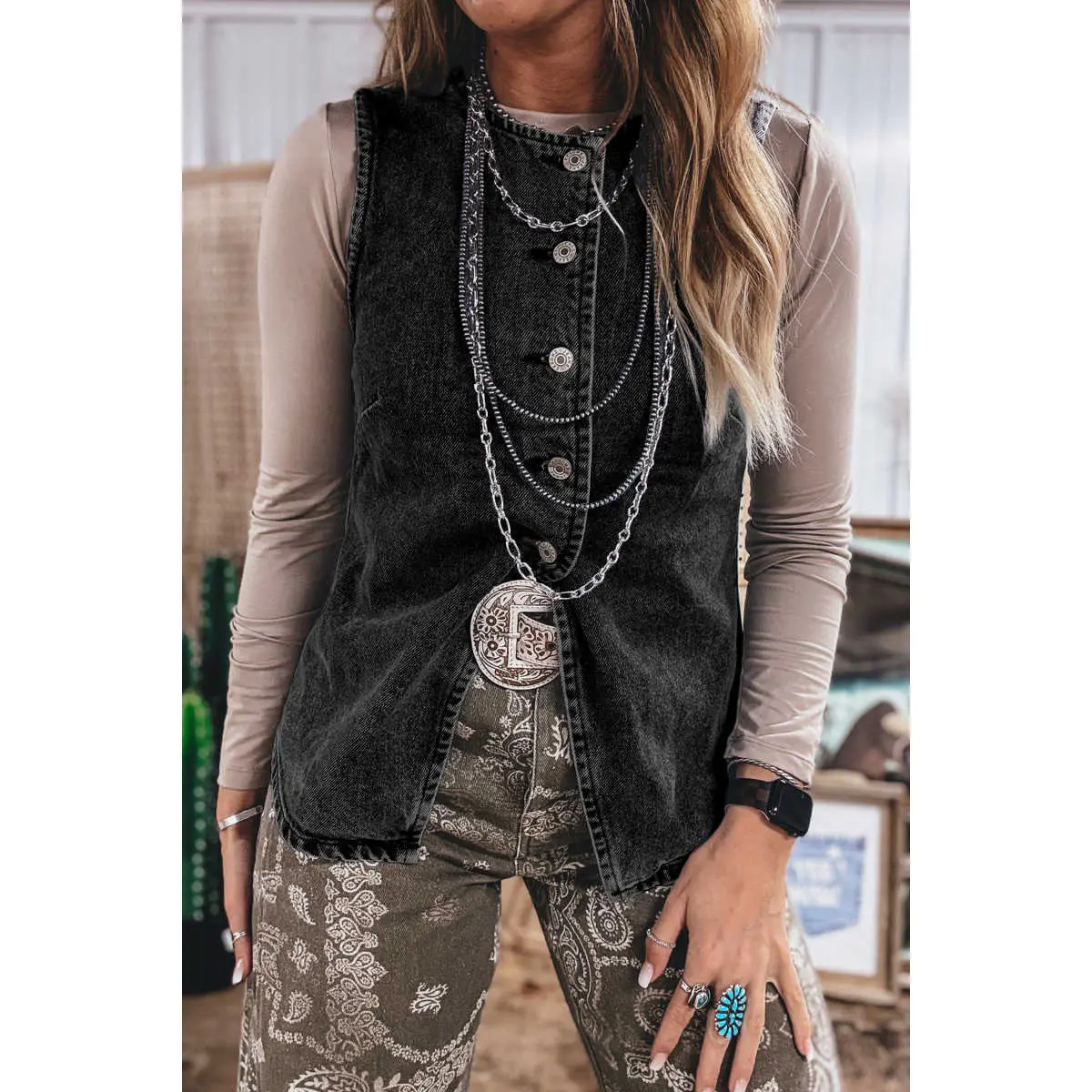 Women's Polyester Denim Vest, Black Buttoned-Front Split Design, Western Cowboy Style Women's Clothes