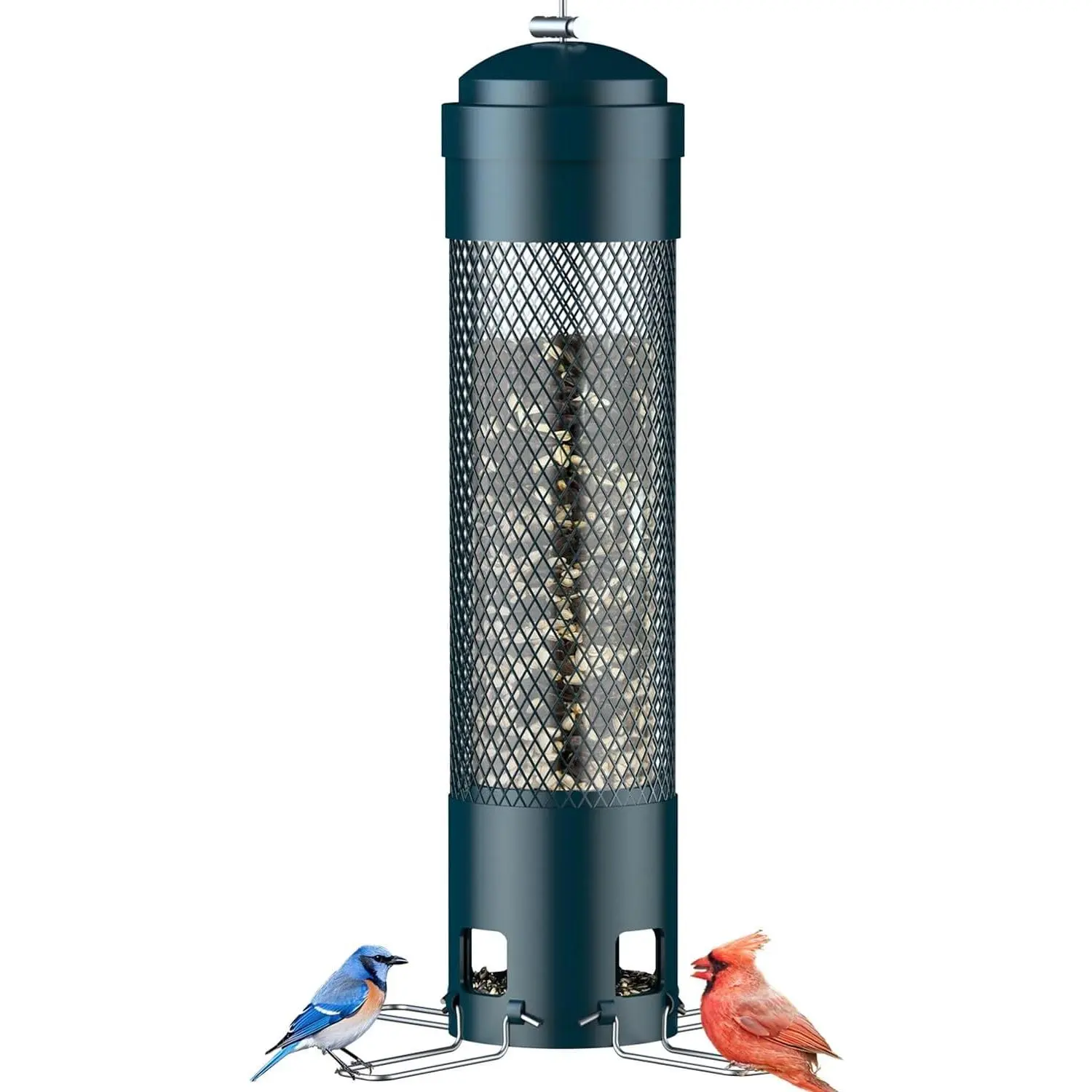 Outdoor squirrel-proof bird feeder, equipped with a weight-activated feeding rod, hanging outdoor bird feeder, metal feeder, suitable for wild cardinals, finches, blue jays, chickadees, can hold 3 pounds of seeds, green