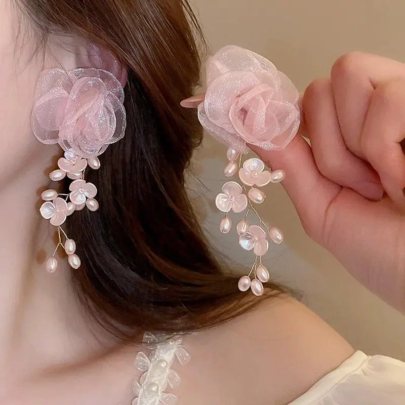 Pink Yarn Mesh Flowers Tassel Dangle Earrings for Women Sweet Girly Imitation Pearl Pendientes Fairy Lolita Party Ear Decoration