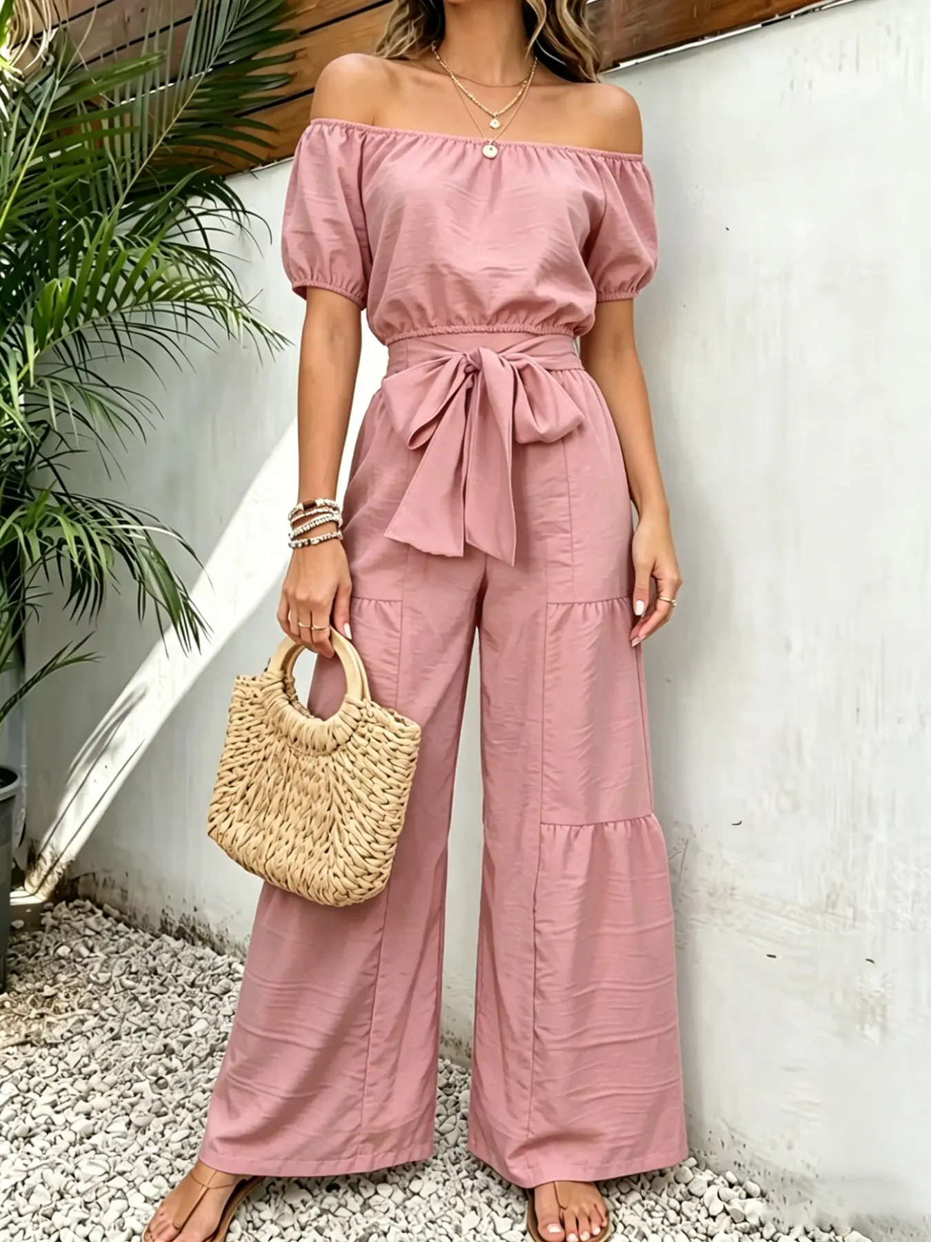 Summer New Women's One-Shoulder Puff Sleeve Feminine Fitted Blouse Top with Wide-Leg Pants Set, Chic Casual Style for a Slimming Look, Comfortable and Stylish Two-Piece Outfit, Womenswear, Minimalist, Clothes