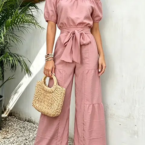 Summer New Women's One-Shoulder Puff Sleeve Feminine Fitted Blouse Top with Wide-Leg Pants Set, Chic Casual Style for a Slimming Look, Comfortable and Stylish Two-Piece Outfit, Womenswear, Minimalist, Clothes, Fashion Pants Set, Clothing Sets