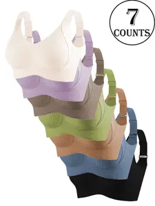 Multi Pack Women’s Seamless Ribbed Wireless Bras, Adjustable Strap Comfort Bralette Set, Soft Stretch Pullover Bra Tops, Light Support Everyday Underwear for Sleep Lounge Yoga Wear